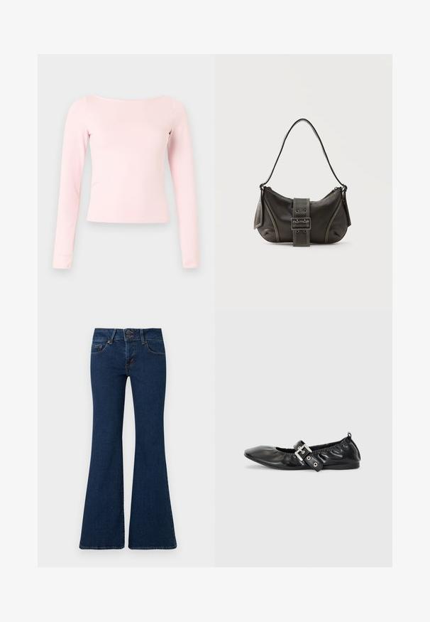 Chemise ajustée à manches longues, de couleur rose clair, avec un col bateau, présentée à plat sur un fond gris clair.; Jean flare bleu foncé en denim, avec fermeture éclair et double bouton, poches avant et détails cousus le long des côtés.; Chaussure plate en cuir noir avec un nez pointu, des détails froncés autour de l'ouverture et un accent en boucle argentée sur la bride ajustable.; Sac à épaule en cuir noir avec une sangle à boucle, des bords arrondis et des coutures blanches contrastées sur un fond uni.