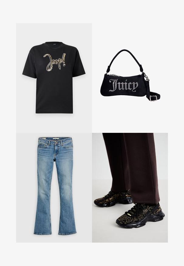Zwart katoenen T-shirt met een groot logo in metallic goud pailletten. Korte mouwen en een klassieke ronde hals. Eenvoudig, strak ontwerp.; Lichtblauwe spijkerbroek met een vervaagde wassing, voorste knoop- en ritssluiting, ontwerp met vijf zakken en licht uitlopende pijpen.; Zwarte sneakers met gouden spikkels, een gestructureerd oppervlak en een stevige zwarte zool. Gekoppeld aan bruine sweatpants met een slim-fit ontwerp.; Zwarte fluwelen schoudertas met "Juicy" gespeld in rhinestones, voorzien van een korte hengsel en een afneembare verstelbare schouderband met zilveren gesp.