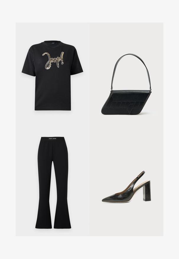 Zwart katoenen T-shirt met een groot logo in metallic goud pailletten. Korte mouwen en een klassieke ronde hals. Eenvoudig, strak ontwerp.; Zwarte uitlopende broek gemaakt van stretchstof met een elastische tailleband met het "JOOP! JEANS" logo. Soepele textuur met een aansluitende silhouet.; Zwarte leren slingback schoen met spits toelopend neusje, hoge blokhak en beige binnenvoering tegen een effen lichte achtergrond.; Zwarte leren schoudertas met een driehoekige vorm, geperst logo en een enkele verstelbare riem. Minimalistisch ontwerp met een gladde textuur.