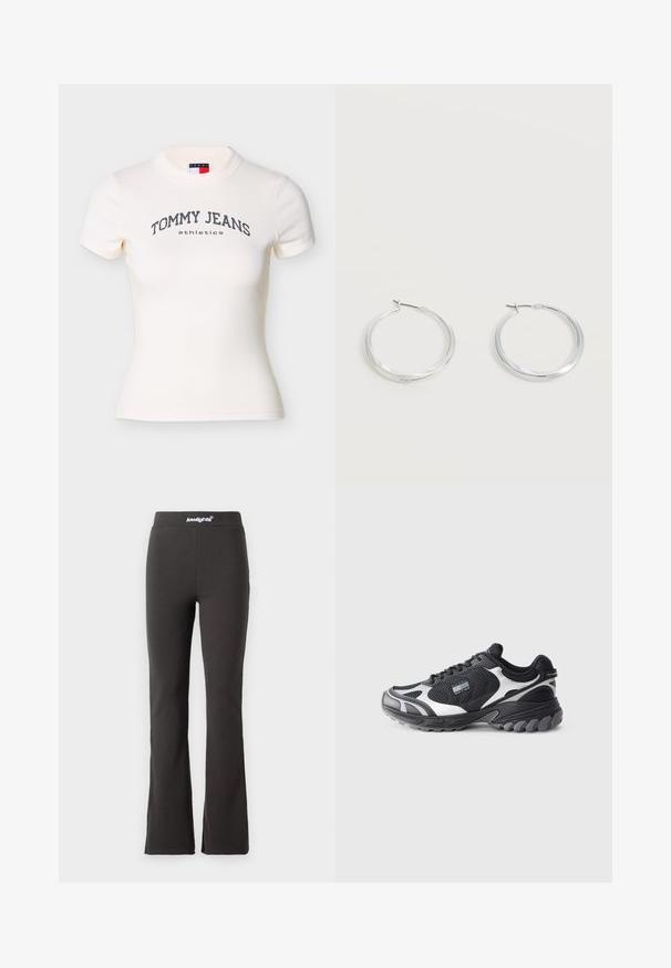 T-shirt blanc à manches courtes en coton, avec une impression incurvée "TOMMY JEANS athletics" en gris foncé sur la poitrine.; Pantalons évasés noirs en tissu extensible avec une texture lisse. Dotés d'une large ceinture avec des détails de logo en haut.; Baskets noires et blanches en matériaux mesh et synthétiques, avec une semelle texturée, un design incurvé et des accents proéminents.; Boucles d’oreilles créoles en métal argenté avec une surface lisse légèrement incurvée et des fermoirs à clapet sur un fond blanc uni.