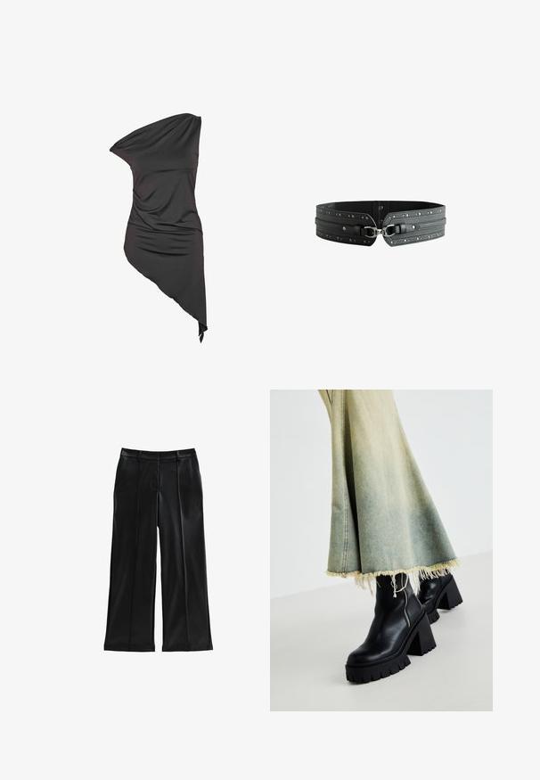 Robe noire asymétrique à une épaule avec tissu drapé et ourlet irrégulier, plus longue d'un côté.; Pantalons larges en similicuir noir avec des plis, des poches avant, une texture lisse et une coupe ajustée. Présente une taille mi-haute.; Bottines en cuir noir avec une semelle épaisse et texturée, associées à une jupe en denim délavé avec des bords effilochés. Détail de fermeture éclair sur le côté.; Large ceinture en cuir noire avec des clous argentés et une fermeture centrale avec une boucle en métal sur fond blanc.