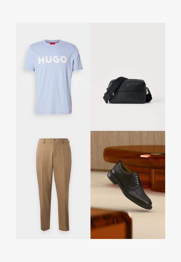 Hellblaues Baumwoll-T-Shirt mit Rundhalsausschnitt und kurzen Ärmeln. Große weiße Schrift "HUGO" auf der Vorderseite. Glatte Textur.; Braune maßgeschneiderte Hosen mit geradem Schnitt, seitlichen Falten, Gürtelschlaufen und einem vorderen Knopfverschluss. Glattes Gewebe mit matter Textur.; Schwarzer Leder-Schnürschuh mit texturierter Vorderseite, schwebend über beigem Teppich in einem modernen Raum mit bernsteinfarbenen Möbeln.; Schwarze, strukturierte Leder-Crossbody-Tasche mit vorderer Reißverschlusstasche und verstellbarem breitem Stoff-Schulterriemen auf weißem Hintergrund.