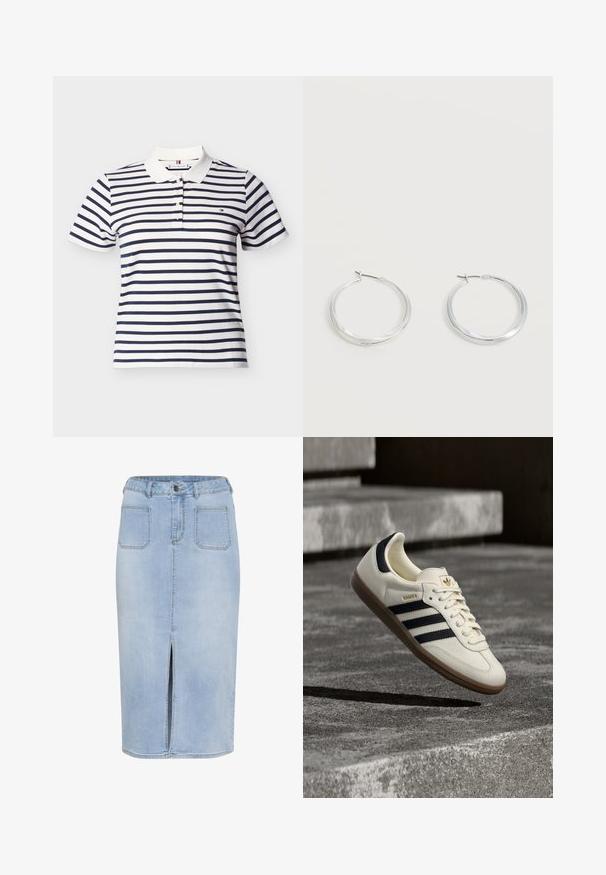 Kortærmet hvid polo-shirt med marineblå vandrette striber og en hvid krave, med tre knapper og et lille logo på brystet.; Lys blå denim midi-nederdel med en forkortet slids, fem lommer og en tætsiddende talje med bæltestropper og knaplukning.; Hvid Adidas Samba sneaker med sorte striber og gummsål, svævende over teksturerede grå betonstrin.; Sølvfarvede metaloorringe med glat, let buet overflade og låsemekanisme på en ensfarvet hvid baggrund.