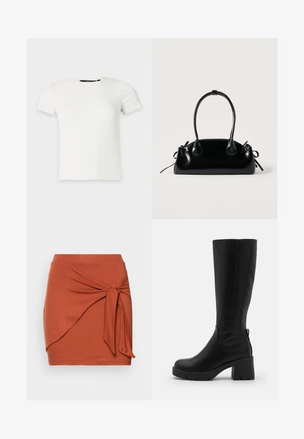 Hvid kortærmet ribstrikket t-shirt med rund halsudskæring, vist på en ensartet lys grå baggrund.; Even&Odd by Zalando Mini skirts - brown; Even&Odd by Zalando Plateaustøvler - black; Lille sort blank håndtaske med to lange håndtag og snøre-detaljer i siden på en ensfarvet lys baggrund.