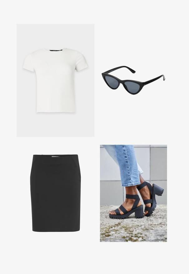 Hvid kortærmet ribstrikket t-shirt med rund halsudskæring, vist på en ensartet lys grå baggrund.; Sort knælængde pencilskørt med lige pasform og lynlås i siden.; Sorte platform sandaler med tykke remme og en sål med takkede kanter. Har en kraftig hæl, åbent tå-design og en glat, mat overflade.; Sorte katteøje solbriller med mørkegrå linser, slankt plastisk stel, spidse hjørner og lige stænger. Ingen synlig hardware eller dekorationer.