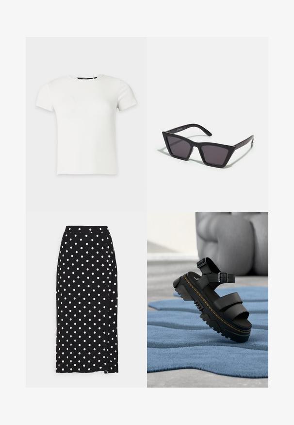 T-shirt blanc à manches courtes en maille côtelée avec col rond, présenté sur un fond uni gris clair.; Jupe noire à pois blancs, faite en tissu doux. Elle présente une coupe droite et une fente en bas pour plus de liberté de mouvement.; Sandale à plateforme noire avec semelle épaisse, bride ajustable à la cheville et surpiqûres jaunes reposant sur un tissu bleu texturé.; Lunettes noires angulaires avec des verres gris ; fabriquées en plastique, avec des branches épaisses à la surface lisse et sans matériel visible.