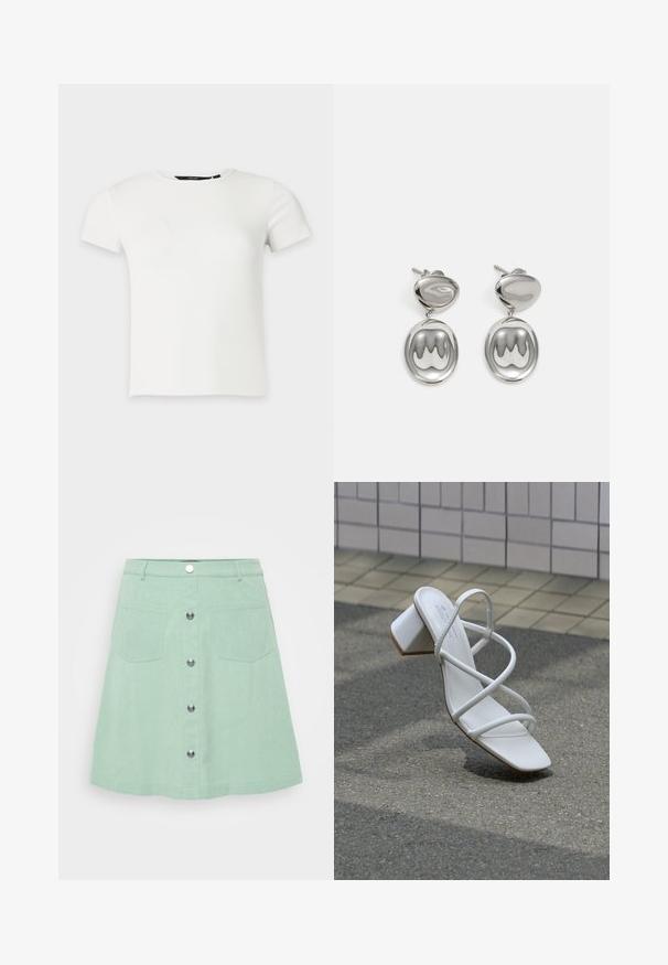 Hvid kortærmet ribstrikket t-shirt med rund halsudskæring, vist på en ensartet lys grå baggrund.; Mintgrøn denimnederdel med knaplukning, to forlommer og en flared design. Struktureret stof med synlige syninger.; Hvid sandal med hæl og stropper, firkantet tå og blokhæl på asfalt ved en væg med fliser.; Sølvøreringe med en poleret, rund top og en cirkulær, reflekterende vedhæng med et bølget mønster.