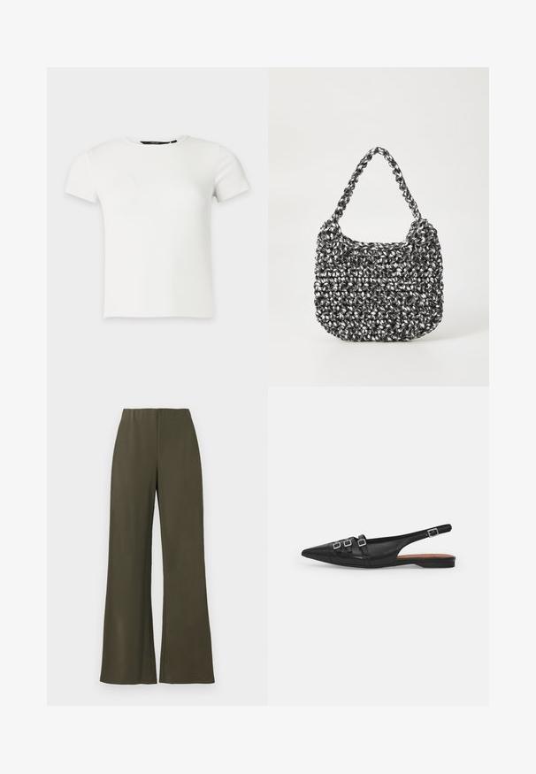 Wit geribbeld gebreid T-shirt met korte mouwen en een ronde hals, weergegeven op een effen lichtgrijze achtergrond.; Olijfgroene wijde broek met een elastische tailleband, gladde stof en zonder zakken, met een schoon, minimalistich ontwerp.; Zwarte leren slingback ballerina met spitse neus, voorzien van twee horizontale bandjes en vierkante zilveren gespen, lage hak en een gladde textuur.; Geweven handtas in zwart en wit met een ronde vorm, gestructureerd oppervlak en een gevlochten handvat. Geschikt voor dagelijks gebruik.