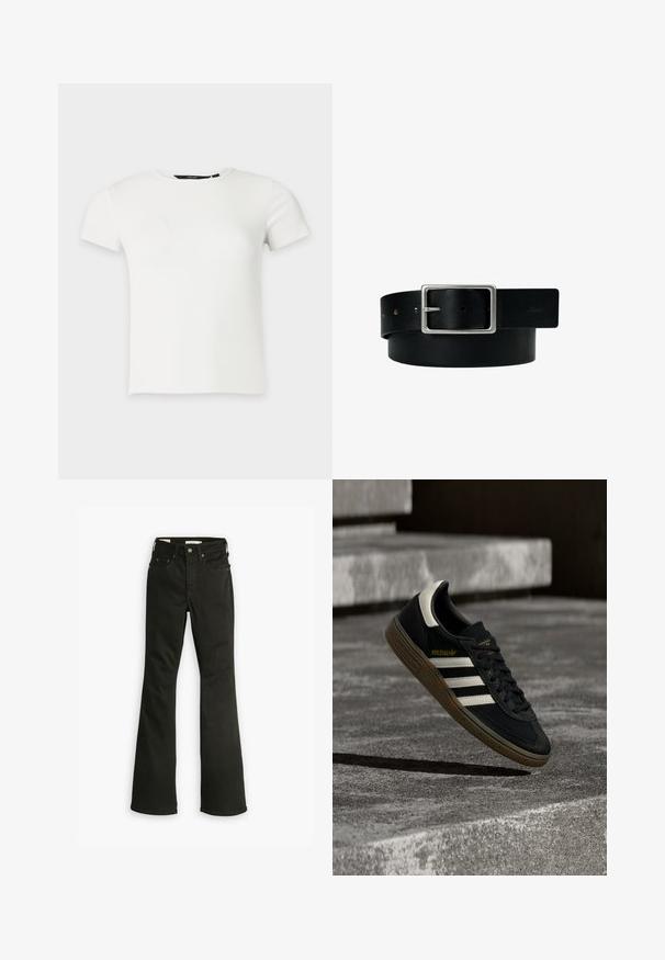 Weißes kurzärmeliges, geripptes Strick-T-Shirt mit Rundhalsausschnitt, dargestellt vor einem schlichten hellgrauen Hintergrund.; Schwarze Schlagjeans aus Denim. Verfügt über ein klassisches Fünf-Taschen-Design mit Reißverschluss, robuster Naht und sauberem Saum.; Schwarzer Adidas-Sneaker mit weißen Streifen und Gummisohle schwebt über grauen Betonstufen im natürlichen Licht.; Schwarzer Ledergürtel mit silberner rechteckiger Schnalle und mehreren Verstelllöchern, flach auf weißem Hintergrund liegend.