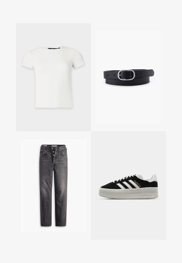 Hvid kortærmet ribstrikket t-shirt med rund halsudskæring, vist på en ensartet lys grå baggrund.; Svarte denimjeans med lige snit, fem lommer, knaplukning og kontrasterende syninger. Struktureret stof med en falmet finish.; Sort ruskind sneaker med hvide læderdetaljer, tre hvide striber, flade snørebånd og en tyk grå platformsål. Guldfarvet "Gazelle" branding.; Sort læderbælte med en glat overflade, oval sølvmetalspænde og flere justeringshuller langs stroppen. Flad, minimalistisk design.