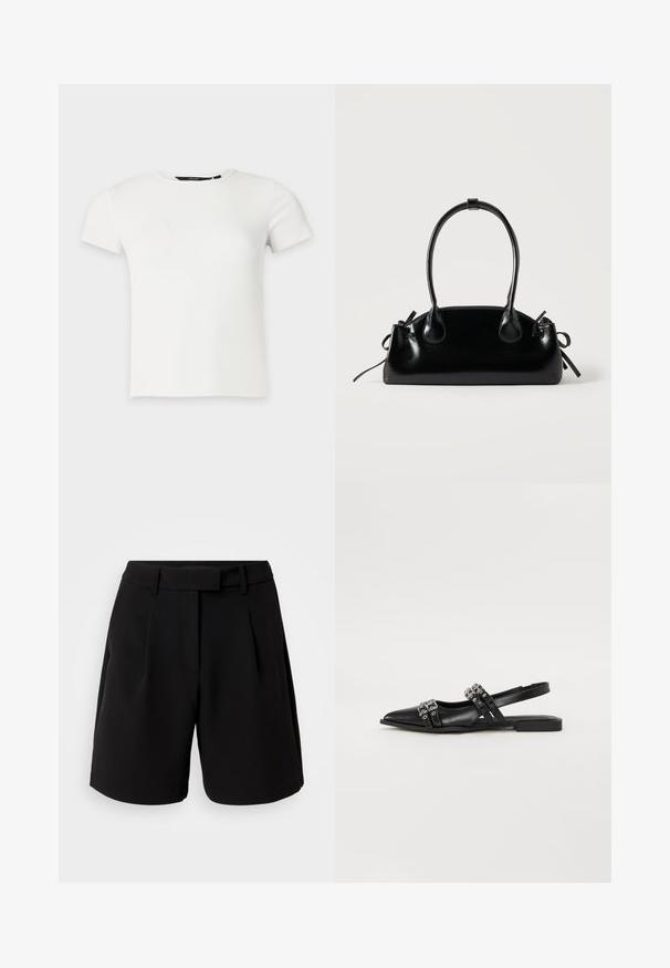 T-shirt blanc à manches courtes en maille côtelée avec col rond, présenté sur un fond uni gris clair.; Shorts noirs ajustés, en tissu lisse, avec une taille haute, des plis, des passants de ceinture et des poches latérales, au design épuré.; Even&Odd Ballerines à brides arrière - black; Petit sac à main noir brillant avec deux longues anses et des détails à cordon sur les côtés sur un fond clair uni.