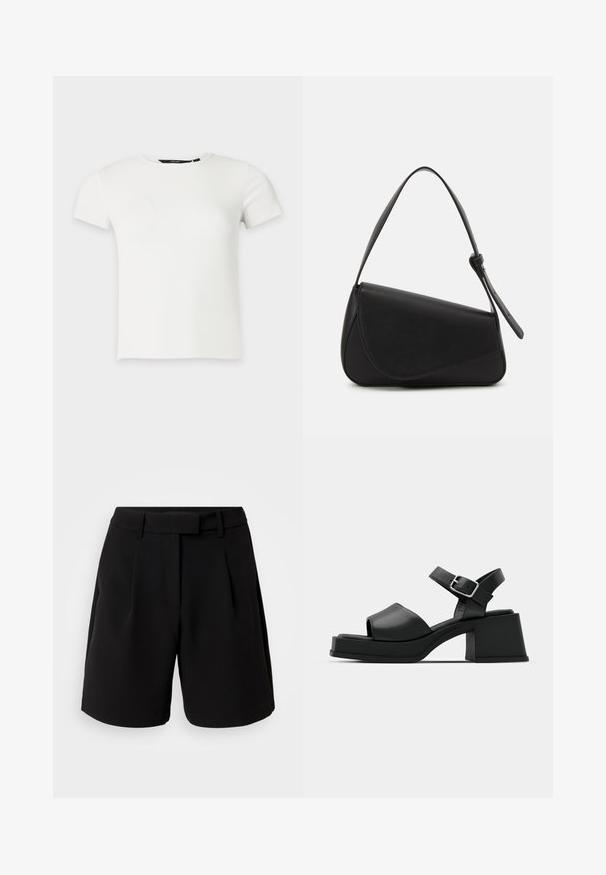 Wit geribbeld gebreid T-shirt met korte mouwen en een ronde hals, weergegeven op een effen lichtgrijze achtergrond.; Zwarte op maat gemaakte shorts, gemaakt van een gladde stof, met een hoge taille, plooien, ceintuurlussen en zijzakken, met een strakke afwerking.; Zwarte leren platform sandalen met een open teen ontwerp, enkelbandje en een stevige vierkante hak. Soepele textuur en minimalistische stijl.; Zwart leren handtas met een driehoekige vorm, schuine klep en een ronde handgreep. Heeft een gladde textuur en minimalistische ontwerpelementen.