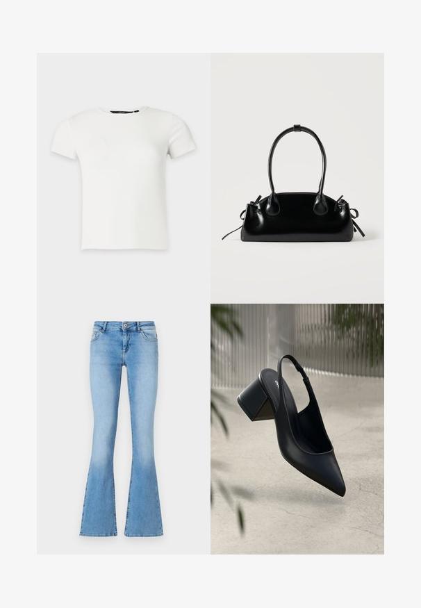 Wit geribbeld gebreid T-shirt met korte mouwen en een ronde hals, weergegeven op een effen lichtgrijze achtergrond.; Lichtblauwe uitlopende jeans van denim met een middellange taille, voorzien van zijzakken en stiksels langs de naden en zoom.; Zwarte leren slingback hak met een spitse neus en een blokhak. Glad oppervlak, minimalistisch ontwerp en verstelbare enkelband.; Kleine zwarte glanzende handtas met twee lange hengsels en zijkant trekkoord details op een effen lichte achtergrond.