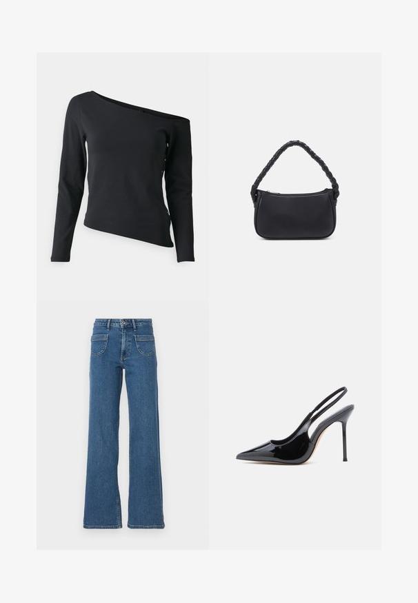 Zwart langd lot met een off-shoulder halslijn, asymmetrische zoom en uitgestanste details aan de zijkant. Gemaakt van zachte, rekbare stof.; Blauwe denim wijde jeans met een hoge taille, vijf zakken, sluiting met een knop aan de voorkant en een licht vervaagde afwerking. Gestikte zomen en naden zijn zichtbaar.; Zwarte slingback pump van lakleer met spitse neus, slanke hoge hak en een gebogen uitsnijding aan de zijkant. Gladde, glanzende afwerking.; Zwarte handtas met een ronde vorm, gemaakt van glad materiaal. Heeft een gevlochten handvat en een ritsluiting voor veilige opslag.