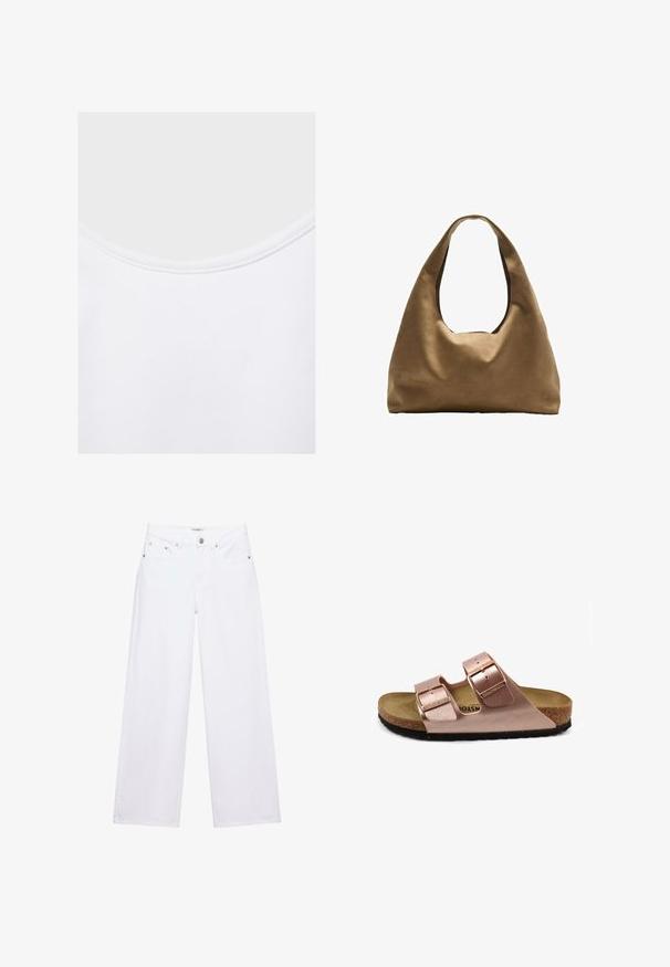 Gros plan sur un tissu blanc avec un col arrondi et des coutures visibles le long du bord du col.; Jean blanc taille haute à jambes larges avec fermeture à boutons et zip, poches avant et arrière, et détails en rivets argentés.; Sandale en cuir vegan rose avec deux sangles réglables à boucle, semelle en liège et semelle en caoutchouc noire. Design minimaliste avec un profil plat.; Sac à épaule en tissu marron avec un corps large et arrondi et une grande poignée découpée. Texture douce, design minimaliste et aucun matériel visible.