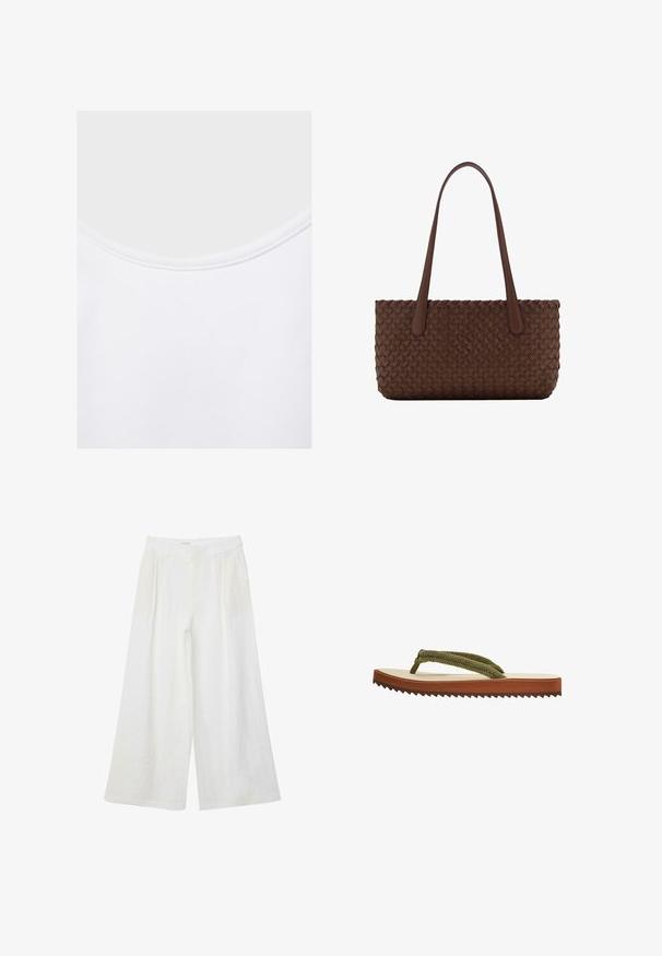 Gros plan sur un tissu blanc avec un col arrondi et des coutures visibles le long du bord du col.; Pantalon large en lin blanc avec plis devant et passants de ceinture, conçu pour une coupe ample et décontractée.; Tongs simples avec semelle intérieure beige, semelle extérieure marron cannelée, et brides tressées en tissu vert olive sur fond blanc.; Sac à main en cuir marron avec un motif tissé, avec deux longues anses fines pour un port à l'épaule.