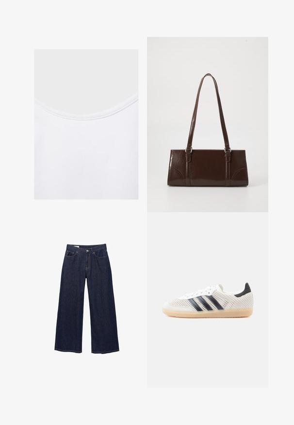 Gros plan sur un tissu blanc avec un col arrondi et des coutures visibles le long du bord du col.; Jean en denim bleu foncé à jambes larges avec poches avant, passants pour ceinture et fermeture à bouton.; Baskets en maille blanche avec un design à trois bandes noires, bout arrondi et semelle en caoutchouc gomme. Dotées d'un col de talon souple et d'une fermeture à lacets.; Sac à main en cuir verni marron de forme rectangulaire, avec deux longues poignées et des accents courbés subtils à l'avant.