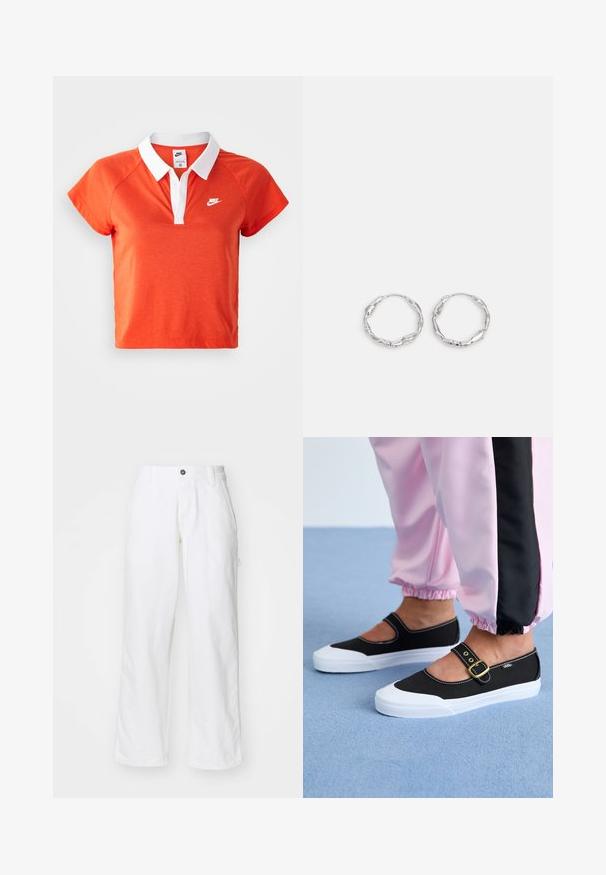 Orange polo skjorte med hvid krave, korte ærmer og Nike-logo i hvidt på venstre bryst. Lavet af et blødt bomuldsblandingsmateriale.; Hvide bomuldsbukser med lige ben-design, der har en knaplukning, sidelommer og en afslappet pasform. Glat tekstur.; Sorte lærredssko med en hvid sål, der har et udskæringsdesign og et guldspænde. Bæret med lyserøde træningsbukser.; Sølv hoops med en bølget, uregelmæssig tekstur. Har en tynd, cirkulær form og en reflekterende finish.