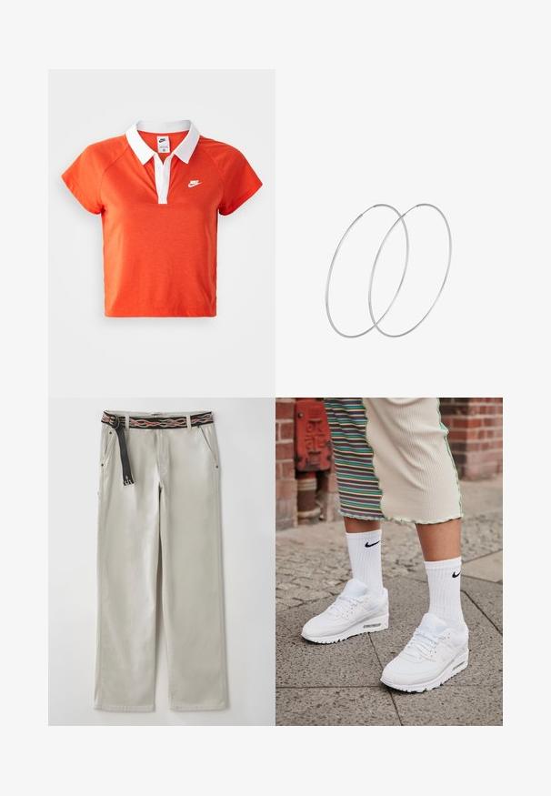 Oranžová polo košeľa s bielym golierom, krátkym rukávom a bielym logom Nike na ľavej hrudi. Vyrobená z mäkkej bavlnenej zmesi.; Svetlé šedé široké nohavice s čiernym opaskom s oranžovými plameňmi. Vyrobené z bavlny, so bočnými vreckami a uvoľneným strihom.; Biele tenisky Nike Air Max 90 s vrchnou časťou z kombinácie sieťovaného a koženého materiálu, s viditeľnou vzduchovou jednotkou, v kombinácii s bielymi rebrovanými ponožkami s čiernym logom.; Strieborné kruhové náušnice s minimalistickým dizajnom. Cirkulárny tvar, hladký povrch a tenký profil. Ľahké s lesklým povrchom.