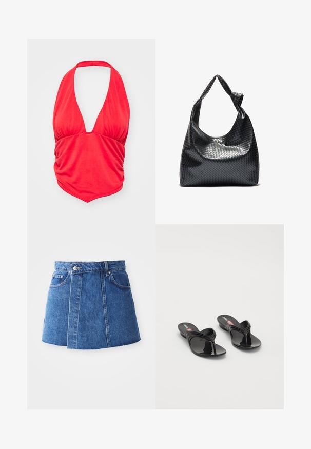Rode haltertop met een diepe V-halslijn en geplooide stofdetails bij de buste. Glad textuur en een aansluitende pasvorm, geschikt voor casual draag.; Denim minirok in middelblauw met een hoge taille, sluiting met knopen aan de voorkant, twee zakken en een onafgebroken zoom aan de onderkant.; Melissa QUANTUM THONG X DIESEL - Teensandalen - black; Zwarte geweven lederen handtas met een slouchy ontwerp, voorzien van een geknoopte schouderband en een kleine decoratieve gouden stud aan de bovenkant.