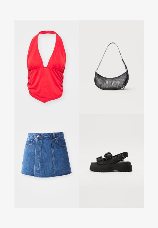 Rotes Haltertop mit tiefem V-Ausschnitt und gerafftem Stoffdetails an der Brust. Glatte Textur und taillierte Passform, geeignet für legere Anlässe.; Denim-Minirock in mittlerem Blau mit hoher Taille, vorderem Knopfverschluss, zwei Taschen und einem rohen Saum am unteren Ende.; Schwarze Plateausandalen mit drei verstellbaren Schnallenriemen, einer strukturierten Sohle und einem glatten Obermaterial. Entworfen mit einer robusten, klobigen Silhouette.; Kleine schwarze Netz-Schultertasche in Halbmondform mit verstellbarem dünnem Riemen vor schlichtem, hellem Hintergrund.