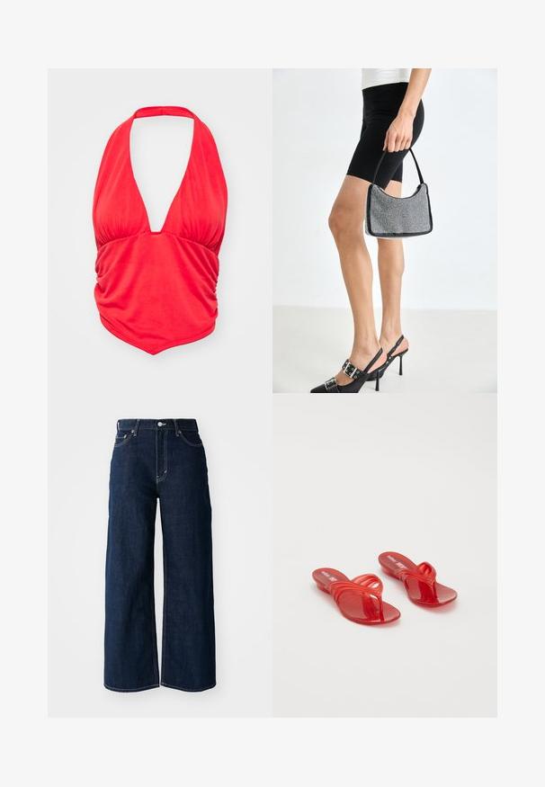 Rotes Haltertop mit tiefem V-Ausschnitt und gerafftem Stoffdetails an der Brust. Glatte Textur und taillierte Passform, geeignet für legere Anlässe.; Weit geschnittene, dunkelblaue Jeans mit kontrastierenden Nähten, fünf Taschen und einem Knopfverschluss an der Taille.; Melissa QUANTUM THONG X DIESEL - Zehentrenner - red; Schwarze Perlen-Handtasche mit geschwungener Silhouette, Tragegriff und glänzender Textur. Kombiniert mit schwarzen High Heels und enganliegenden schwarzen Shorts.