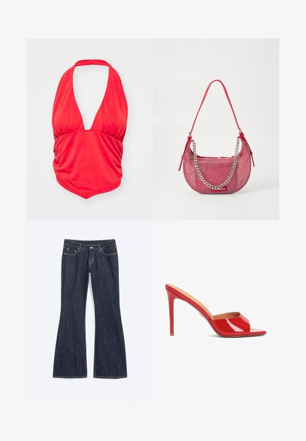 Top rojo de tirantes con un escote en V pronunciado y detalles de tela fruncida en el busto. Textura suave y forma ajustada, adecuado para uso casual.; Vaqueros de mezclilla azul oscuro con una ligera campana en la parte inferior, con bolsillos delanteros, un botón y detalles de costuras visibles.; Mule abierto de charol rojo con un diseño elegante, tacón de aguja alto y un sutil detalle de corte en el empeine.; Bolsa de mano perforada roja con forma Curva, que cuenta con un detalle de cadena plateada y una correa para el hombro a juego. Logotipo visible en la parte delantera.
