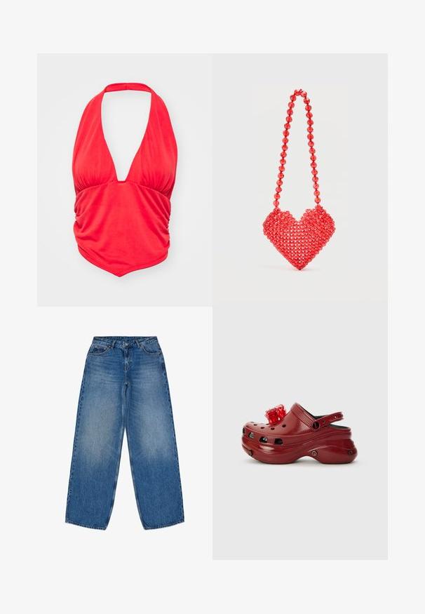 Haut à bretelles rouge avec un décolleté en V profond et des détails de tissu froncé au niveau de la poitrine. Texture douce et forme ajustée, adapté pour le port décontracté.; Jean large en denim bleu clair avec taille haute, doté d'une fermeture à bouton, de passants de ceinture et d'un design classique à cinq poches.; Sabot en plastique rouge avec des trous de ventilation, un talon surélevé et une décoration florale sur le dessus. Présente une sangle à l'arrière et des bords texturés.; Sac à main rouge en perles en forme de cœur avec une bandoulière assortie en perles sur un fond blanc uni.