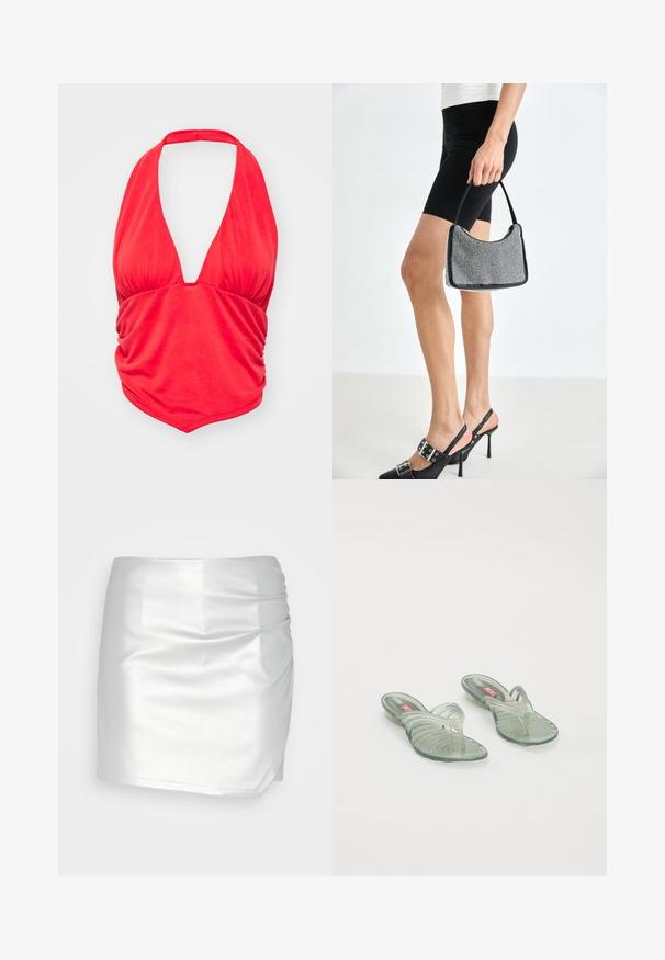 Rotes Haltertop mit tiefem V-Ausschnitt und gerafftem Stoffdetails an der Brust. Glatte Textur und taillierte Passform, geeignet für legere Anlässe.; Even&Odd Shorts - silver; Transparente Jelly-Sandalen mit gewelltem Design, ausgestattet mit einem Zehensteg und einem geriffelten Sohlenmuster. Die Farben umfassen hellgrün und klare Töne.; Schwarze Perlen-Handtasche mit geschwungener Silhouette, Tragegriff und glänzender Textur. Kombiniert mit schwarzen High Heels und enganliegenden schwarzen Shorts.
