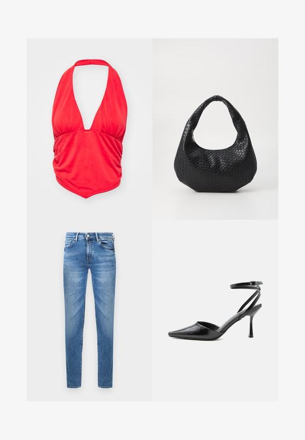 Rode haltertop met een diepe V-halslijn en geplooide stofdetails bij de buste. Glad textuur en een aansluitende pasvorm, geschikt voor casual draag.; Lichtblauwe denim jeans met een slim fit. Kenmerken zijn een knoopsluiting, vijf zakken en een gewassen textuur op de dijen.; Zwarte pumps met puntige neus, dunne enkelbandjes en een zilveren gesp op een effen lichte achtergrond.; Zwarte geweven handtas met een gebogen handvat, met een gestructureerd oppervlak en een slouchy vorm. Gladde afwerking met een organische silhouette.