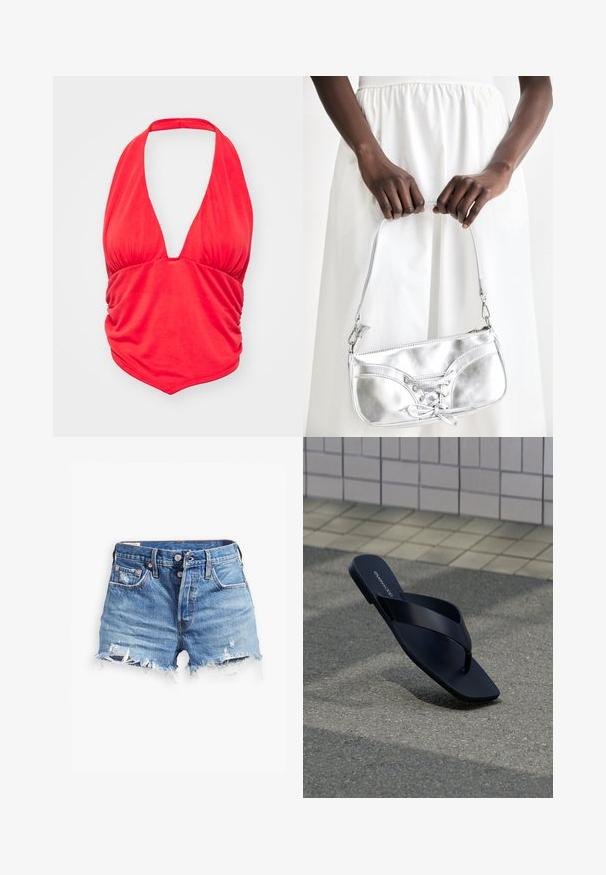 Rotes Haltertop mit tiefem V-Ausschnitt und gerafftem Stoffdetails an der Brust. Glatte Textur und taillierte Passform, geeignet für legere Anlässe.; Helles Denim-Shorts in Blau mit fransigen Säumen, hoher Taille, Knopfverschluss und zwei Fronttaschen; distressed Details verleihen Textur.; Schwarze Tanga-Sandale mit quadratischer Spitze und Markenschriftzug auf dem Fußbett, aufrecht auf strukturiertem Pflaster nahe einer gefliesten Wand platziert.; Silberne metallische Handtasche mit Schnürdetail, die ein elegantes Design und einen kurzen Tragegurt aufweist. Die Tasche wird in den Händen gehalten und zeigt ihre Textur.