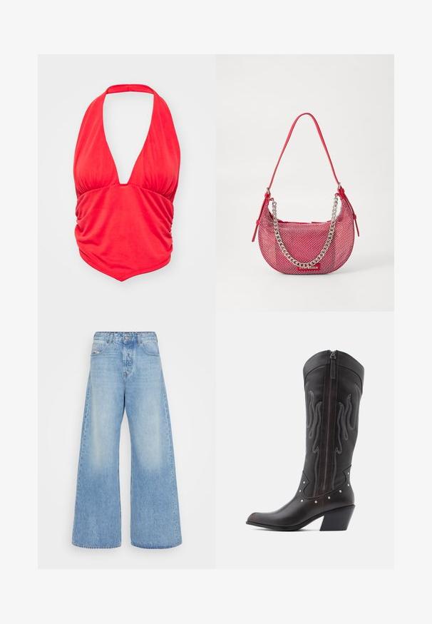Rotes Haltertop mit tiefem V-Ausschnitt und gerafftem Stoffdetails an der Brust. Glatte Textur und taillierte Passform, geeignet für legere Anlässe.; Hellblaues, weit geschnittenes Jeansmodell aus Denim. Verfügt über ein klassisches Fünf-Taschen-Design, einen Knopfverschluss und ausgebleichte Stellen für einen vintage Look.; Braune Cowboy-Stiefel aus Leder mit Flammenstickerei, seitlichem Reißverschluss, silbernen Nieten, spitzer Zehenpartie und geschichtetem Absatz.; Rote perforierte Handtasche in gewölbter Form, mit einem silbernen Kettenakzent und einem passenden Schultergurt. Logo auf der Vorderseite.