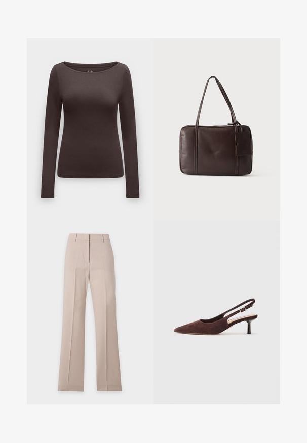 Top ajustado de manga larga de color marrón oscuro con un amplio escote redondo y tela lisa, presentado sobre un fondo claro.; Pantalones beige de pierna recta con presillas para cinturón y pliegue frontal, mostrados extendidos sobre un fondo blanco.; Zapatos de ante marrón tipo slingback con punta afilada y tacón delgado. Presentan una correa ajustable con una hebilla de metal.; Bolso de mano de cuero marrón oscuro con dos asas largas y una pequeña etiqueta rectangular adjunta sobre un fondo claro y liso.