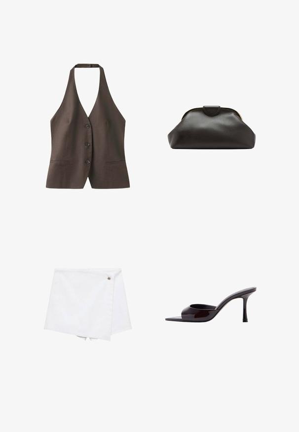 Gilet marron sans manches à col halter en V profond, trois boutons devant et deux poches fendues horizontales.; Jupe enveloppante blanche en tissu texturé, dotée d'une fermeture latérale avec un petit accent métallique. Le design est ajusté et minimaliste.; Mule en cuir verni noir à bout ouvert avec un talon stiletto fin de hauteur moyenne et une bride supérieure basse.; Pochette en cuir noir souple avec un cadre arrondi et une petite fermeture à languette en haut au centre.