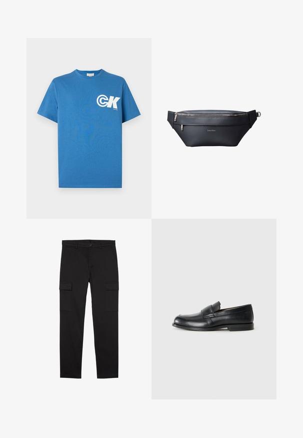 Camiseta azul de algodón con mangas cortas y cuello redondo, con el logo blanco "CK" en el pecho izquierdo. Textura lisa, corte regular.; Pantalones cargo negros de pierna recta con bolsillos laterales con solapa, botón delantero, trabillas para el cinturón y un diseño limpio y minimalista.; Mocasines de cuero negro con punta redondeada, detalles cosidos y suela plana de goma. Presentan una banda ancha sobre el empeine.; Riñonera negra de cuero Calvin Klein con dos compartimentos con cremallera y correa ajustable con hebilla metálica.