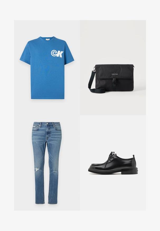 T-shirt en coton bleu à manches courtes, col rond, avec un logo blanc "CK" sur le côté gauche de la poitrine. Texture lisse, coupe régulière.; Jeans en denim bleu clair à coupe droite, avec des détails usés aux genoux et un style classique à cinq poches.; Calvin Klein LACE UP APRON BRUSH OFF - Derbies - black; Sac messager noir Calvin Klein avec bandoulière réglable et rabat avant sécurisé par une boucle, présenté sur un fond uni.