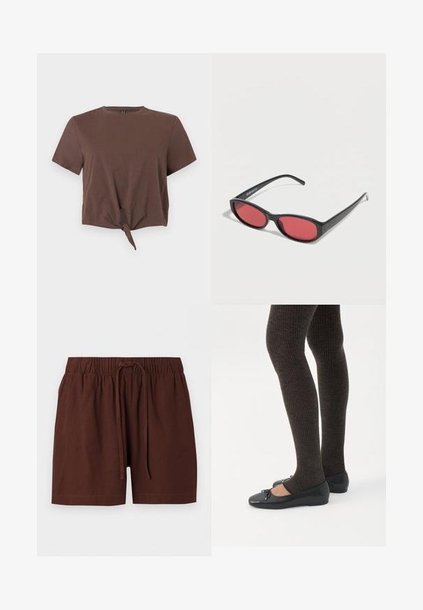 Crop top marron à manches courtes, noué à l'avant, avec un col rond et un design simple sans coutures sur un fond uni.; Short marron à taille élastique avec cordon ajustable, fabriqué en tissu doux, présenté sur un fond blanc uni.; Jambes portant des leggings côtelés foncés associés à des ballerines noires avec de petits détails en nœud sur fond blanc.; Lunettes de soleil ovales noires avec des branches fines et des verres teintés rouges posées sur une surface blanche.