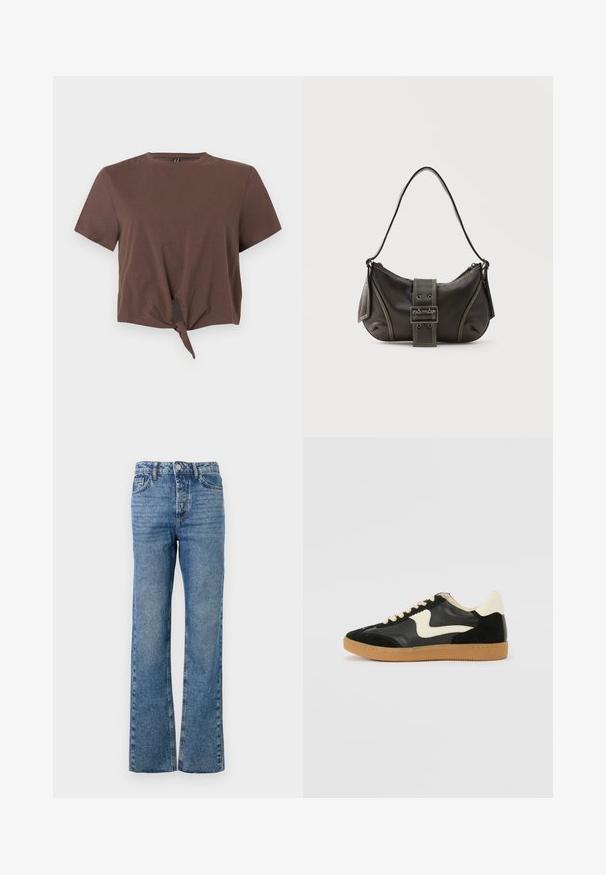 Hnedý krátky crop top s krátkym rukávom, viazaním vpredu, okrúhlym výstrihom a jednoduchým bezšvovým dizajnom na jednoliatom pozadí.; Rozšírené modré džínsy z denimu. Obsahujú päť vreciek, zapínanie na gombík a zips, s bledým vzorom na nohách a priamym strihom.; Čierne semišové a kožené tenisky s krémovým bočným prešívaním a svetlo krémovou pätou. Obsahujú béžové šnúrky a podošvu z gumeného kaučuku.; Čierna kožená kabelka cez rameno s detailom prackového popruhu, zaoblenými okrajmi a kontrastným bielym prešívaním na jednoduchom pozadí.