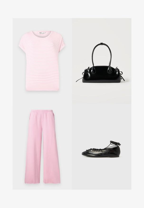 Camiseta de manga corta de color rosa claro con rayas horizontales blancas. Cuello redondo, tejido suave y un corte relajado. Sin patrones ni acentos visibles.; Pantalones de pierna ancha rosa, hechos de una tela suave, con una cintura elástica y bolsillos laterales. Presenta un corte recto y fluido.; Zapatos planos tipo ballet de charol negro con punta redondeada, diseño con cordones y suela plana. Textura lisa con detalles mínimos.; Pequeño bolso negro brillante con dos asas largas y detalles de cordón lateral sobre un fondo claro liso.