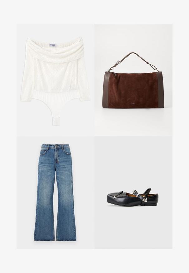Hvid blonde bodysuit med off-shoulder halsudskæring, trekvartærmer og en glat bundpanel. Har detaljerede blomstermønstre.; Lys blå denim jeans med høj talje, brede udvidede ben og klassisk fem-lomme design. Bleg tekstur med synlige syningsdetaljer.; Sort læderflat sko med firkantet tå, to sølvspænderemme og en lav hæl på en lysegrå baggrund.; Brun suedetaske med glatte brune læderdetaljer, der har et håndtag i toppen, lynlåslukning og et rent, minimalistisk design.