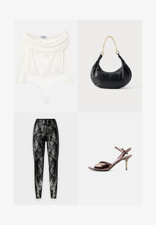 Weißer Spitzenbody mit schulterfreiem Ausschnitt, dreiviertellangen Ärmeln und einem glatten unteren Teil. Mit aufwendigen Blumenmustern.; Schwarze Spitzenleggings mit floralem Muster, transparenter Stoff und enger Passform, mit einem glatten Bund und geschlossenen Säumen.; Bronzefarbene metallic offene Sandale mit hohem Absatz, Knöchelriemen und kleiner goldener Herzverzierung an der Seite.; Schwarze, halbmondförmige Handtasche aus Leder mit goldenem Kettenriemen und seitlichem Reißverschluss.