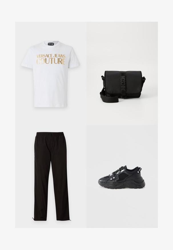 Hvid bomulds t-shirt med fedt guld "VERSACE JEANS COUTURE" tekst på fronten. Rund hals og korte ærmer.; Sorte letvægtsbukser med elastisk talje, snørrelseslukning og lynlåse i kanten for justerbar pasform. Glat, elegant tekstur.; Sort sneaker med en kraftig sål, der har meshpaneler og læderdetaljer. Indeholder hvide snørebånd og mærke på siden.; Sort nylon crossbody taske med en klap, prydet med en fremtrædende logo-rem lukning, justerbar rem og sidelægninger.