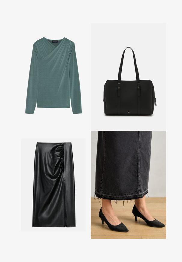 Langærmet top i en dæmpet teal farve. Har en indpakningsdesign med draperet stof på skuldrene og en blød, glat tekstur.; Sort læderskirt med en glat overflade, der har en indsamlet sektion på den ene side og en skråning på siden for ekstra detaljer.; Sorte ruskindpumps med spids tå og en 3 tommer hæl, parret med en lang, mørk denimskørt med frynset kant.; Sort tote bag lavet af tekstureret læder, med to lange håndtag, lynlås lukning og diskrete guldfarvede detaljer på hardware.