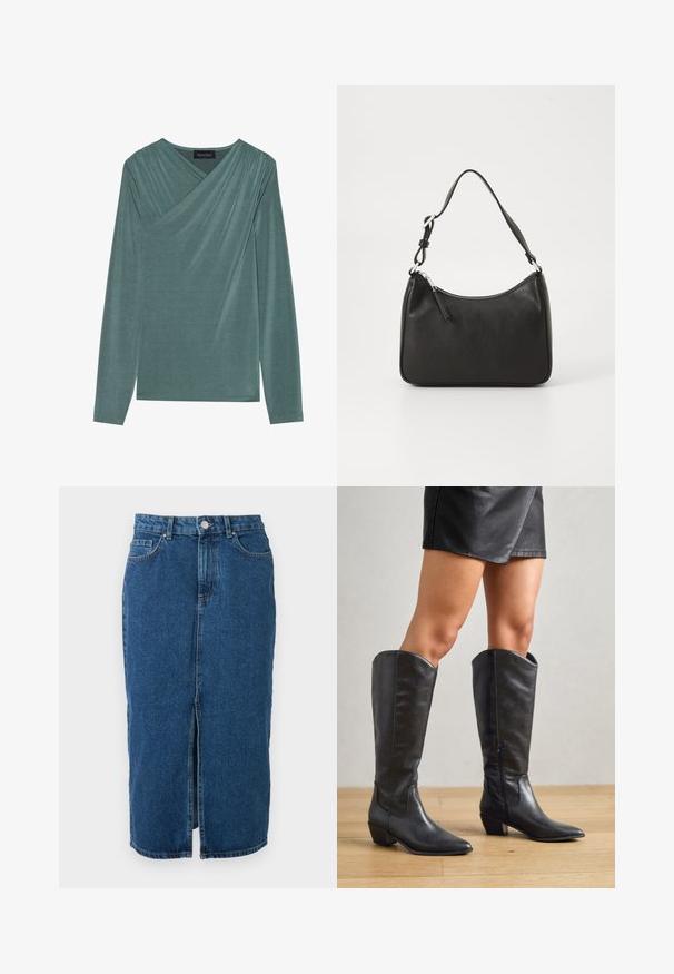 Top de manga larga en un color teal apagado. Presenta un diseño cruzado con tela drapeada en los hombros y una textura suave y lisa.; Falda vaquera azul de longitud media con abertura central frontal, trabillas para cinturón, bolsillos delanteros y cierre con botón en la cintura.; Botas negras hasta la rodilla, hechas de cuero suave, con punta afilada, tacón bajo cuadrado y cremallera lateral para facilitar el uso.; Bolso de mano de cuero negro con forma curvada, una sola correa, cierre de cremallera y marcas sutiles en la parte frontal. Textura suave, diseño minimalista.
