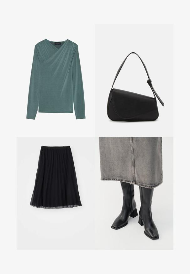 Langærmet top i en dæmpet teal farve. Har en indpakningsdesign med draperet stof på skuldrene og en blød, glat tekstur.; Sort plissee nederdel lavet af gennemsigtig stof med elastisk talje. Flydende design, der strækker sig til midt på læggen og viser lodrette folder.; Sorte knæhøje støvler i glat læder med firkantet tå og blokeret hæl. Båret med en grå denimnederdel med flosset kant.; Sort læderhåndtaske med en triangular form, skrå klap og et rundt håndtag. Har en glat overflade og minimalistiske design detaljer.