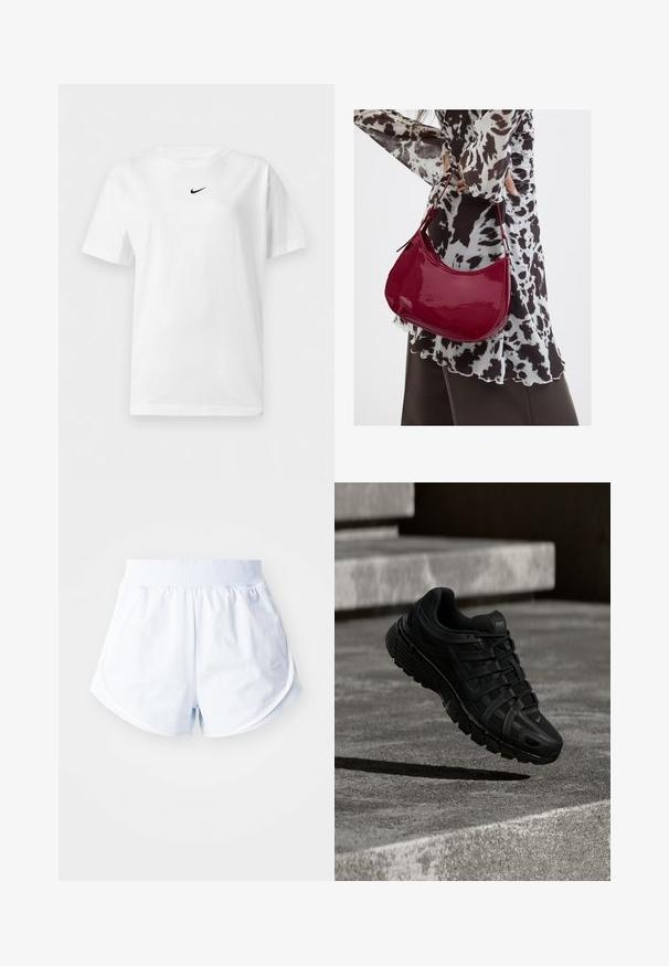 Valkoinen lyhythihainen pyöreäkauluksinen t-paita, jossa pieni musta Nike Swoosh -logo keskitettynä lähelle kaulusta.; Vaaleansiniset urheilushortsit, joissa on ribbireunus vyötäröllä, kaareva helma ja valkoiset sivuvaatteet. Valmistettu pehmeästä ja kevyestä materiaalista.; Musta urheilukenkä, jossa on verkkomainen päällinen, kumipohja ja monimutkainen nauhoitus; kengässä on kevyt kaarevuus ja Nike-brändäys.; Nainen, jolla on mustavalkoinen kuviollinen pusero, pitää kiiltävää punaista olkalaukkua yksiväristä taustaa vasten.