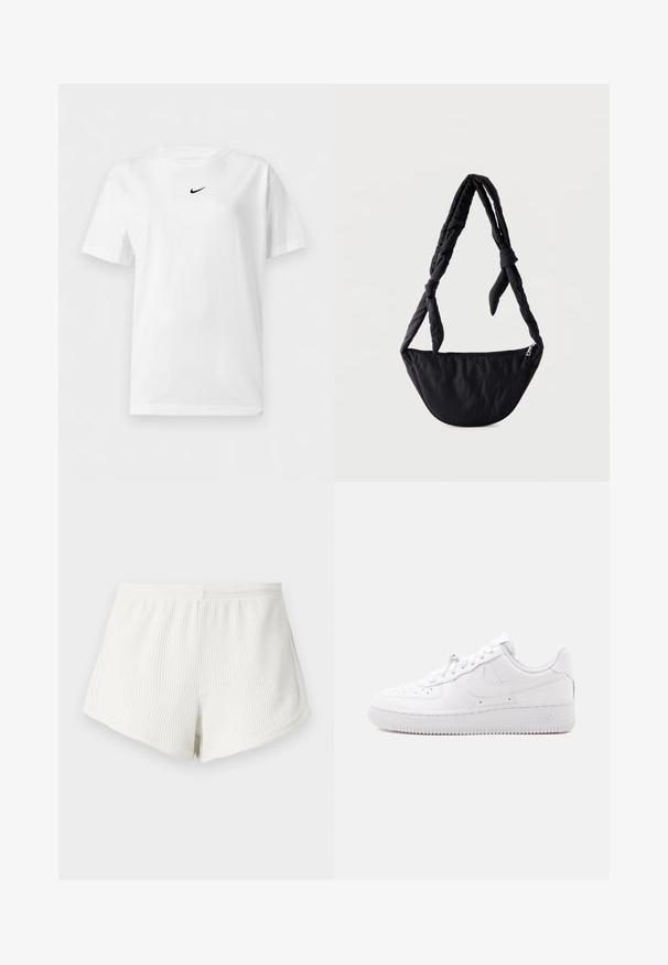 T-shirt blanc manches courtes à col rond avec un petit logo noir Nike Swoosh centré près du col.; Shorts en tissu côtelé blanc avec une taille élastique, présentant une coupe décontractée et un ourlet incurvé. Détail de couture arrière visible.; Basket basse blanche avec embout perforé, fermeture à lacets, semelle texturée et un logo Swoosh discret sur le côté.; Sac bandoulière matelassé noir en forme de demi-lune avec une sangle réglable nouée, doté d'une fermeture éclair supérieure.
