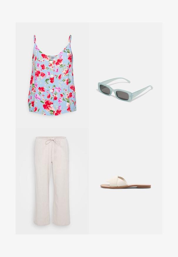 ONLY Petite ONLNOVA LIFE BUTTON SINGLET - Top - grapemist wonda; Svetlo béžové, ľahké látkové nohavice s elastickým pásom a šnúrkou na stiahnutie. Voľný, široký strih s jemným textúrovaným vzorom.; Svetlobéžové ploché sandále s prekrížovanými popruhmi, hladkým syntetickým zvrškom a hnedou plochou gumovou podrážkou. Žiadne ozdoby ani vzory.; Párik obdĺžnikových slnečných okuliarov s svetlomodrými priehľadnými rámami a tmavosivými sklami, s rovnými stranami a minimálnymi hardvérovými detailmi.