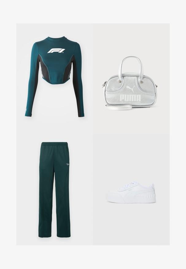 Teal langærmet cropped top med sorte sidepaneler. Har hvidt logo på brystet og kontrasterende syninger. Lavet af strækbart materiale.; Mørkegrønne sweatpants lavet af blødt stof, med elastisk talje og sidesømme, samt et lille logo foran.; Hvide lave Puma sneakers med snørebånd, tekstureret gummisål og brandlogo på siden og hælflappen.; Lille metallic sølvfarvet Puma-håndtaske med to top-håndtag, en lang rem, frontlogo og lynlåslukning på en ensfarvet lys baggrund.