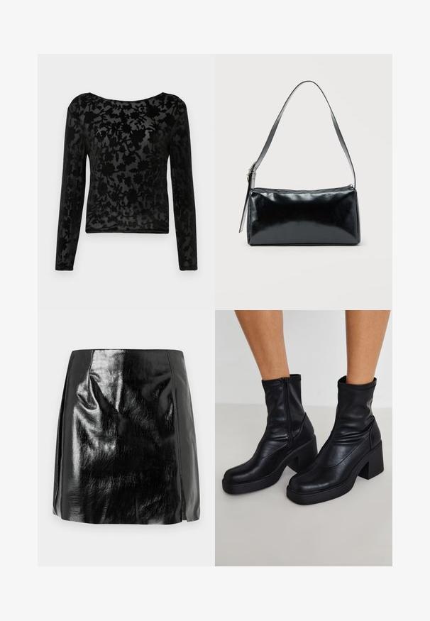 Haut à manches longues noir en tissu transparent avec un motif floral. Encolure ronde et coupe ajustée, avec une texture subtile tout au long.; Mini jupe en simili cuir noir brillant avec des détails de couture subtils et une légère fente avant sur fond blanc.; Bottines noires en cuir avec un haut talon carré, dotées d'une fermeture éclair sur le côté, d'une texture lisse et d'un design de pointe effilée.; Sac d'épaule rectangulaire noir avec une sangle réglable unique et une fermeture éclair supérieure sur un fond uni.
